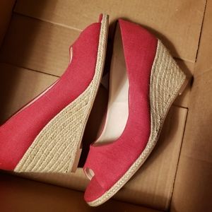 kelly and katie wedge peep toe shoe red canvas Kaydena Espadrille